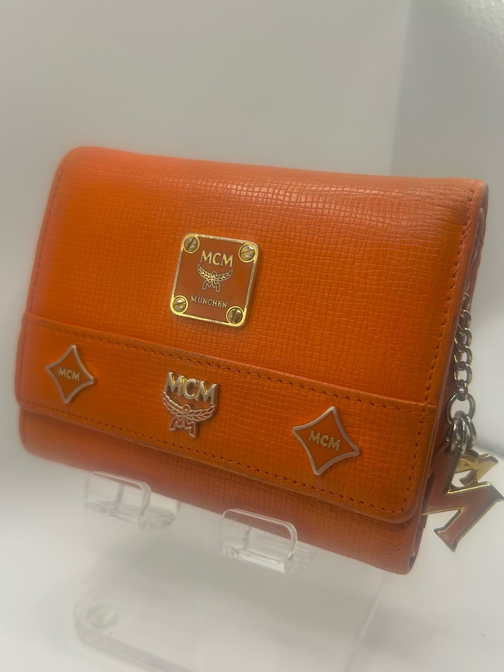 MCM Orange Saffiano Leather Trifold Wallet Logo Charm - Picture 2 of 12
